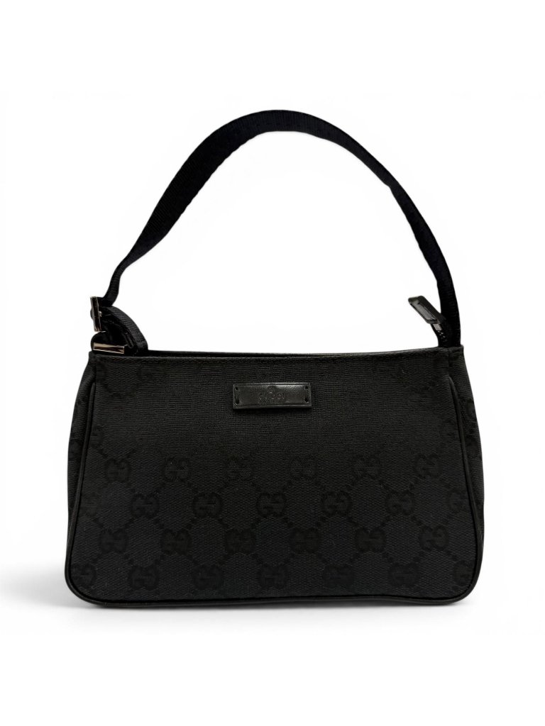 Gucci Vintage Gg Canvas Leather Logo Patch Zip Pouch Handbag Black
